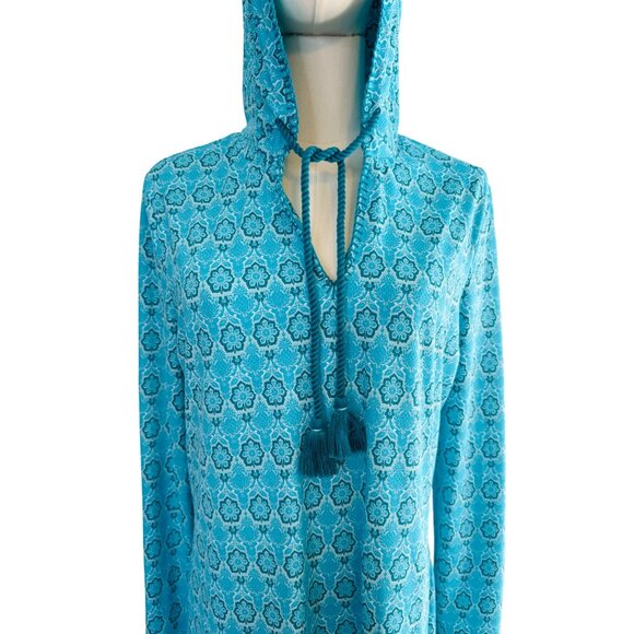 Cabana Life Talbots M Aqua & Blue Patterned Hooded Long-Sleeve Vacation Dress - Picture 4 of 16